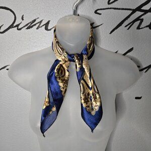Vintage Blue & Gold Polyester Square Scarf, Ascot